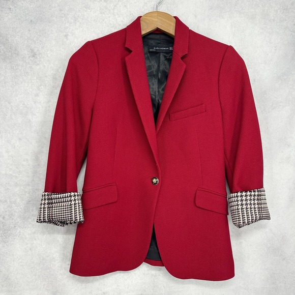 Zara Jackets & Blazers - Zara Red Waffle Knit Single Button Blazer Pattern Lined Cuffs Women's Size XS